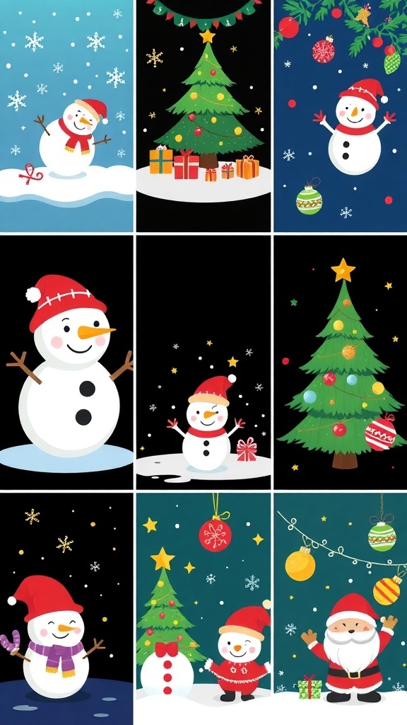 A selection of cute Christmas wallpapers showcasing festive designs like snowmen, Christmas trees, and Santa Claus.